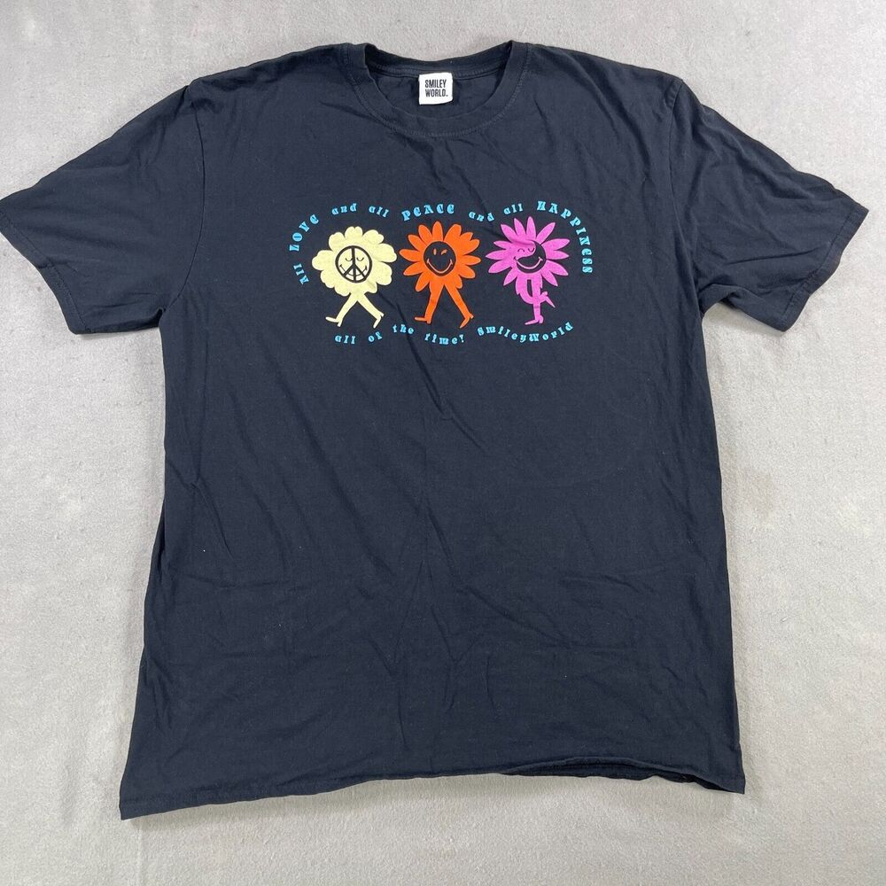 Smiley World T Shirt Adult Size XL Black Love Peace and Happiness Walking Flower